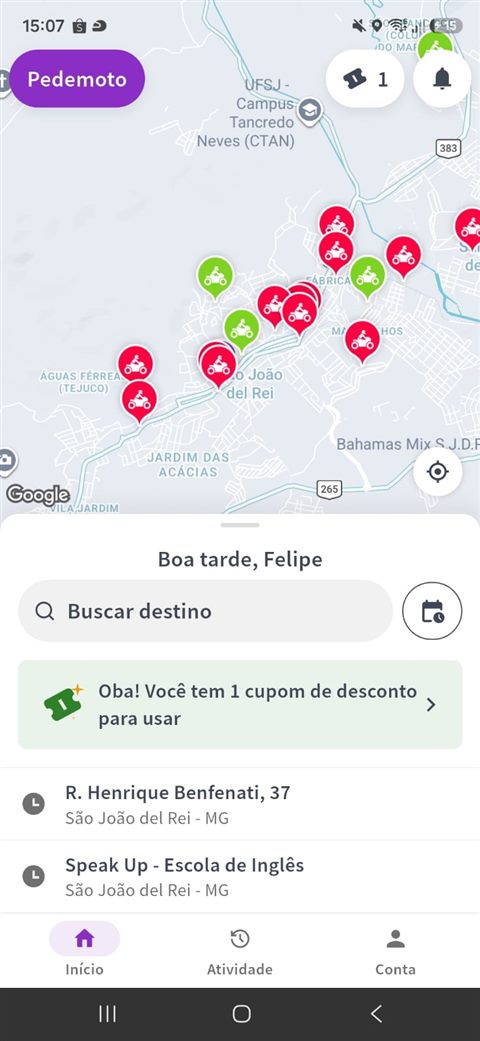 Tela inicial do app PEDEMOTO com o mapa e a busca de destino