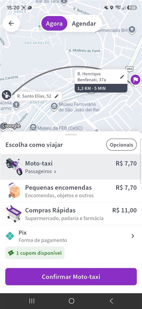 Tela de escolha do serviço no app PEDEMOTO com os preços